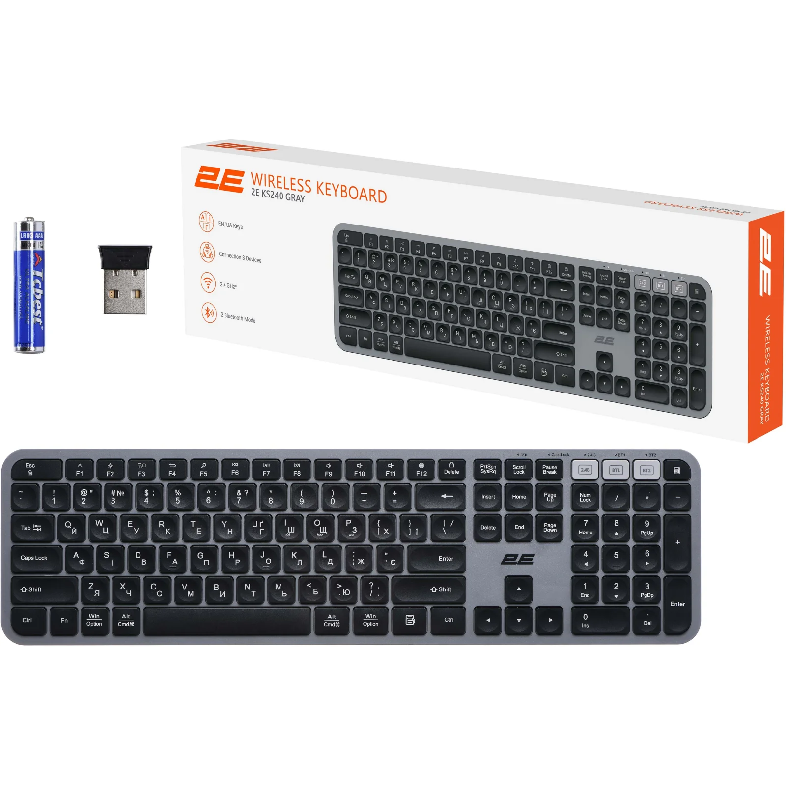 Клавиатура беспроводная 2E KS240 WL BT Gray UA (2E-KS240WG_UA) UA