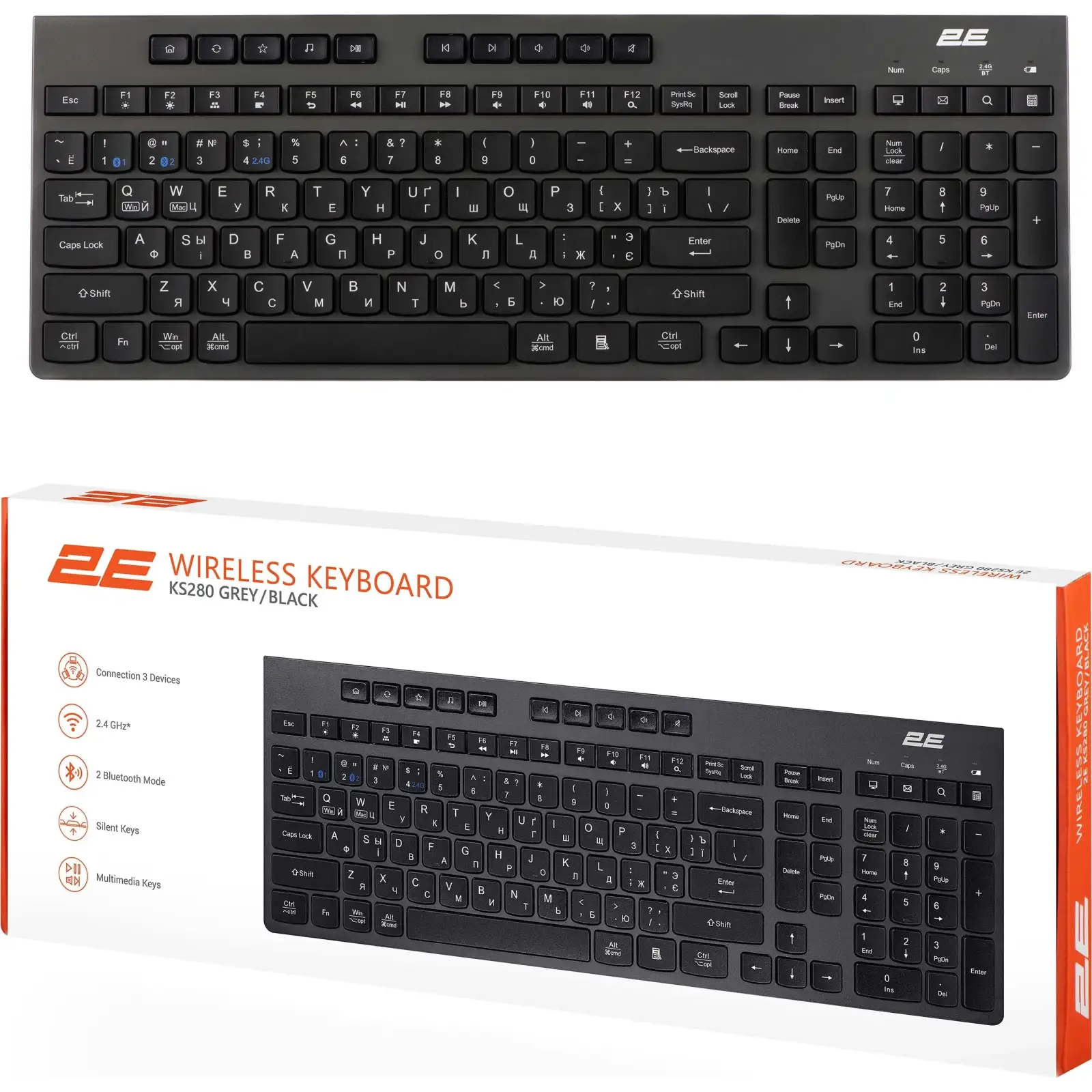 Клавіатура 2E KS280 Wireless Bluetooth Black/Grayа (2E-KS280WBGR_AK) UA