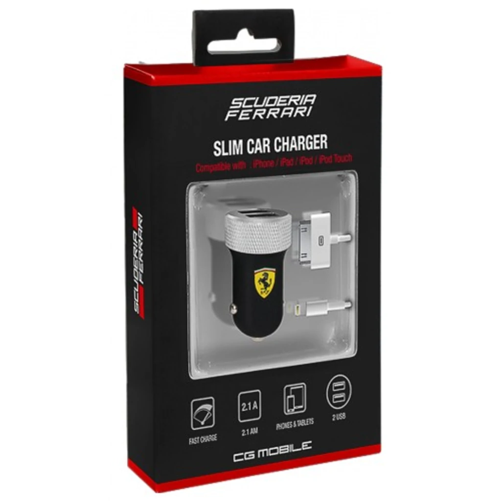 Зарядний пристрій Ferrari 2-USB Car Charger 2.1A з коннектором Apple 30-pin/Lightning, Black
