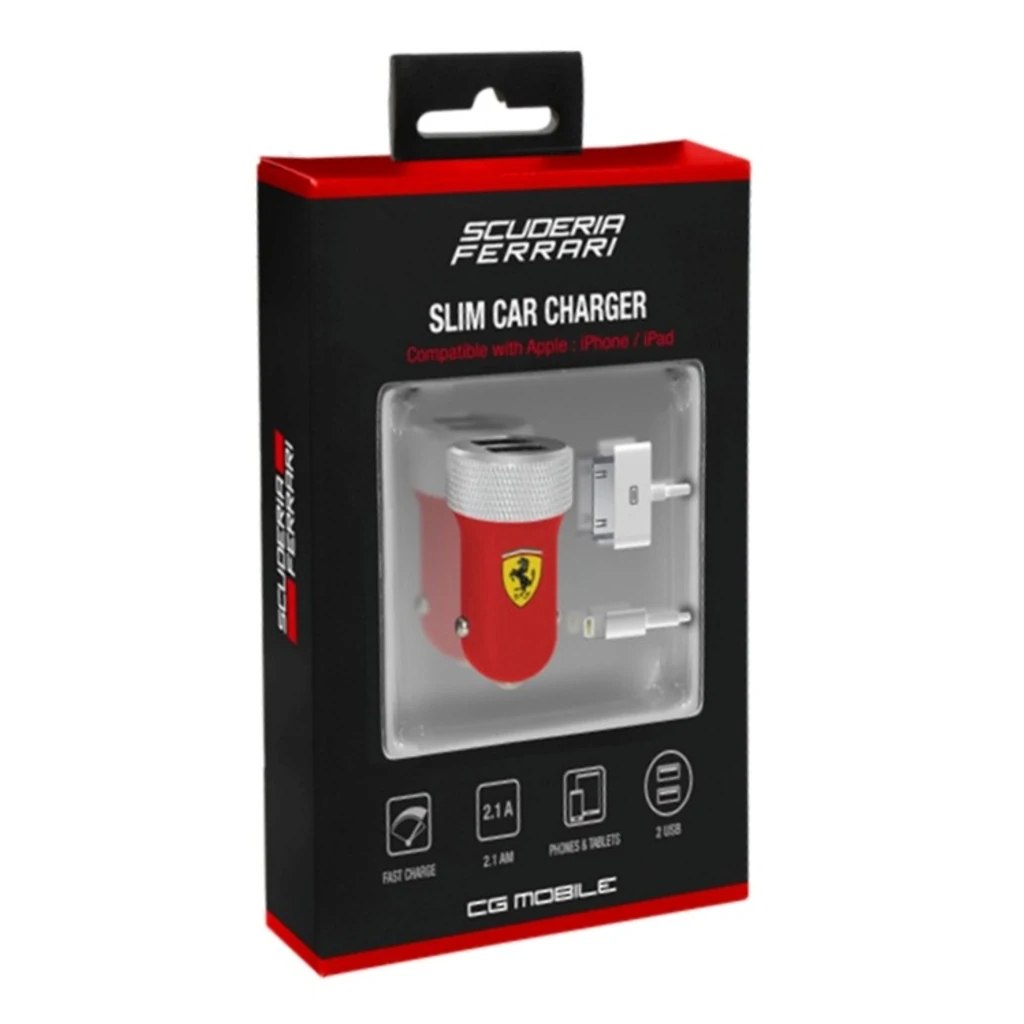 Зарядний пристрій Ferrari 2-USB Car Charger 2.1A з коннектором Apple 30-pin/Lightning, Red