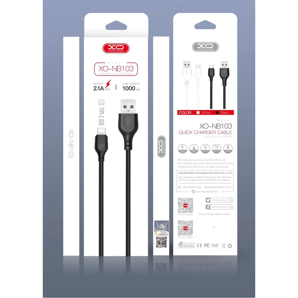 Кабель USB cable XO Type-C (NB103) Bell 1m Black