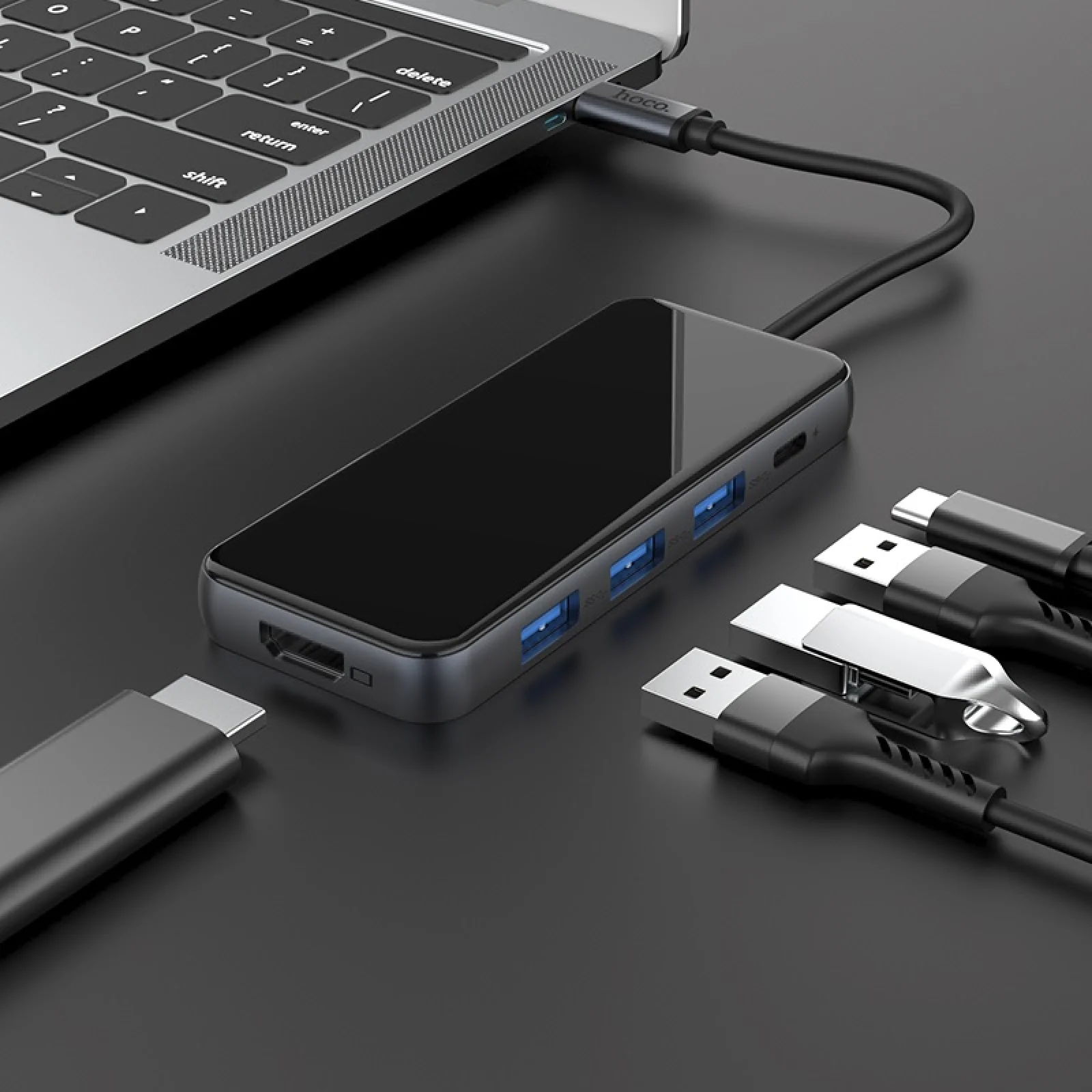 Перехідник Hoco HB15 Type-C to 3хUSB3.0 HDMI PD Grey