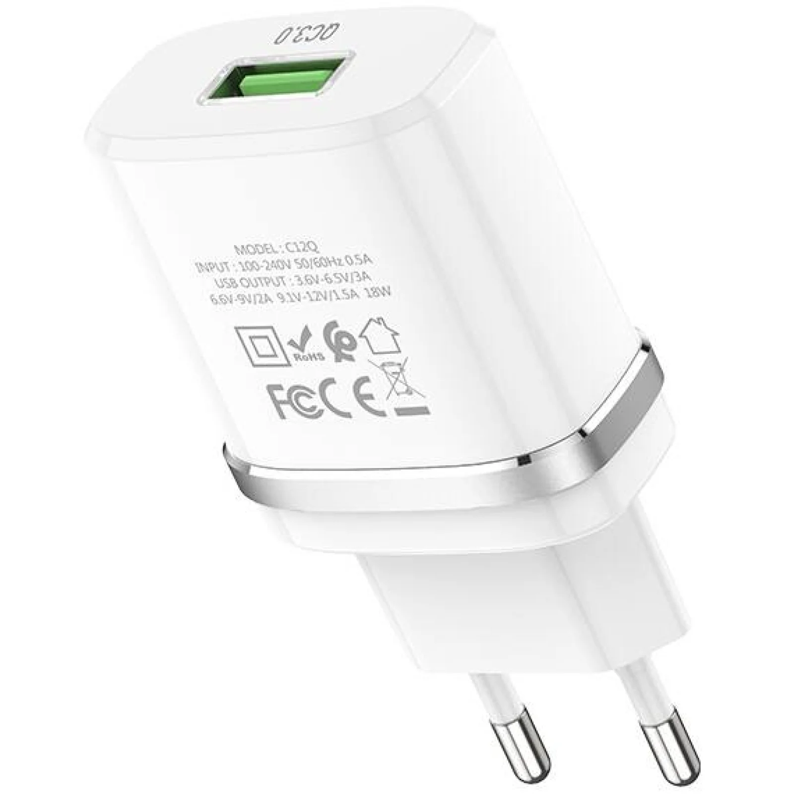 Мережевий зарядний пристрій Hoco C12Q Smart QC3.0 (1USB/3A/18W) White