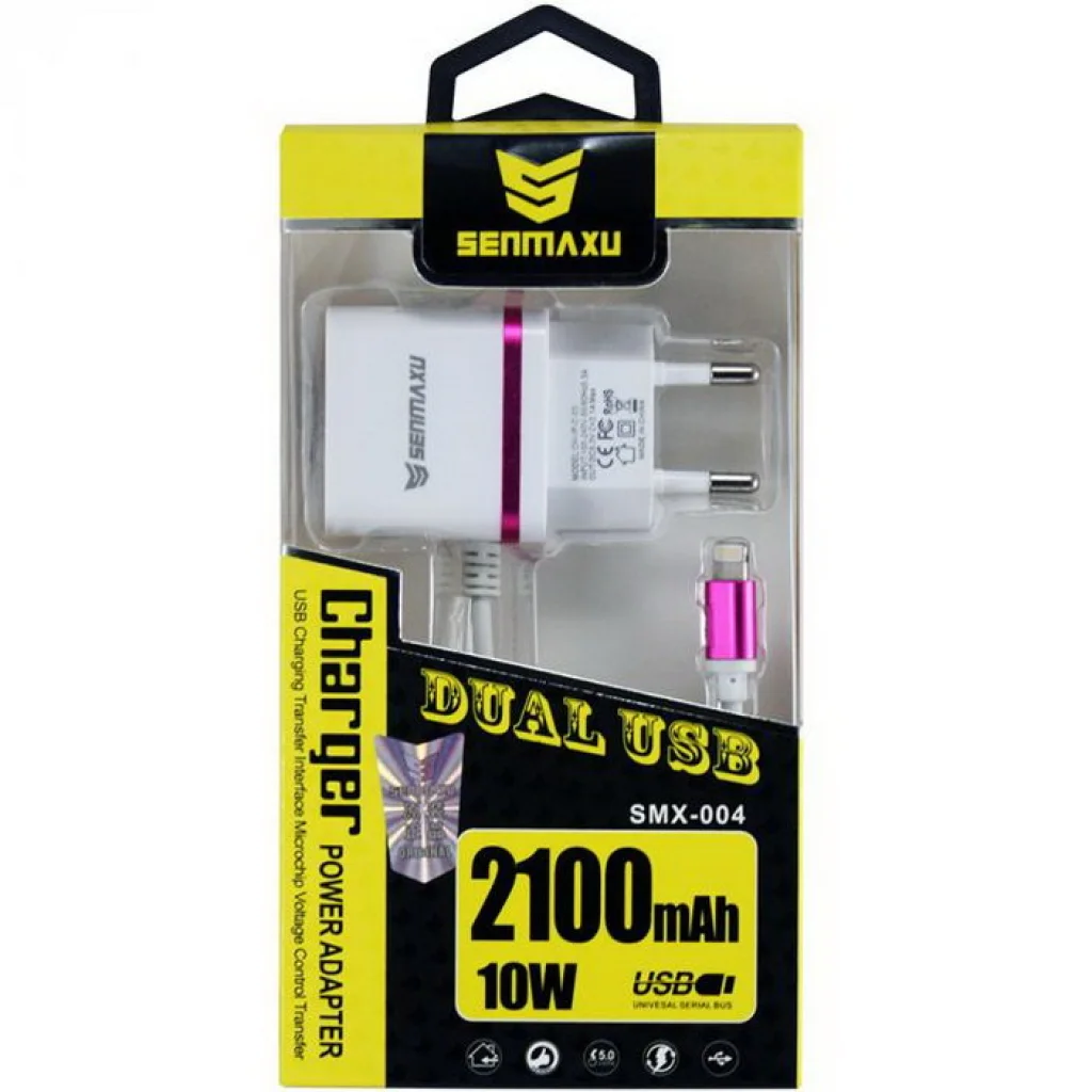 Сетевое зарядное устройство iPhone 5/6 Senmaxu SMX-004 Wall Charger + cable (2 USB/2.1A) Pink