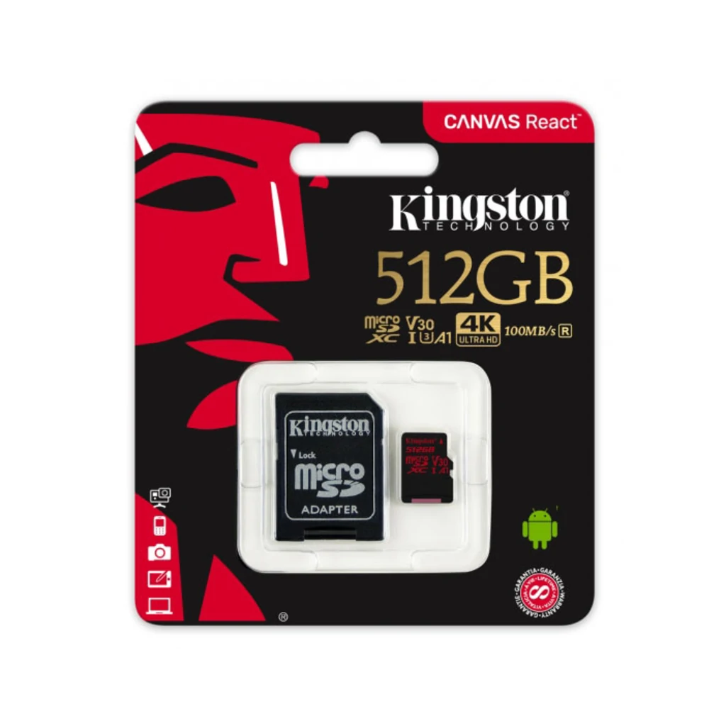 Карта памяти Kingston 512 GB microSDXC class 10 UHS-I U3 Canvas React + SD Adapter SDCR/512GB