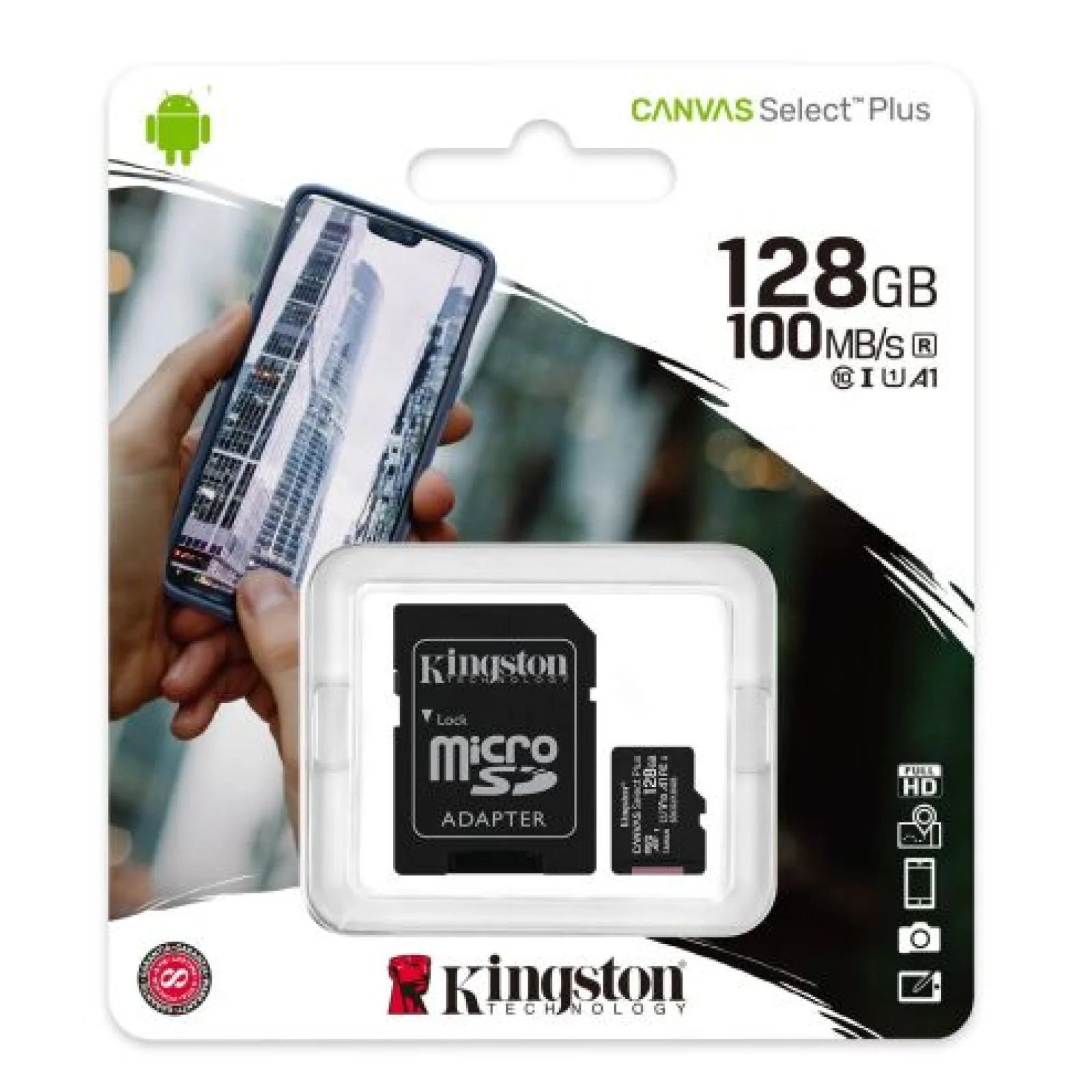 Карта памяти Kingston 128 GB microSDXC Class 10 UHS-I Canvas Select Plus + SD Adapter SDCS2/128GB
