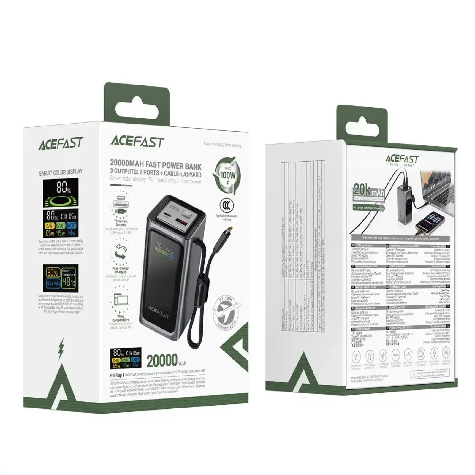 Зовнішній акумулятор ACEFAST M33 100W fast charging power bank with cable and TFT display 20 000 mAh Grey (6974316286363)