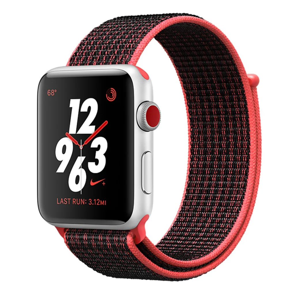 Apple Watch Nike+ Series 3 GPS + Cellular 38mm Silver Aluminum with Bright Crimson/Black Sport Loop (MQL72)