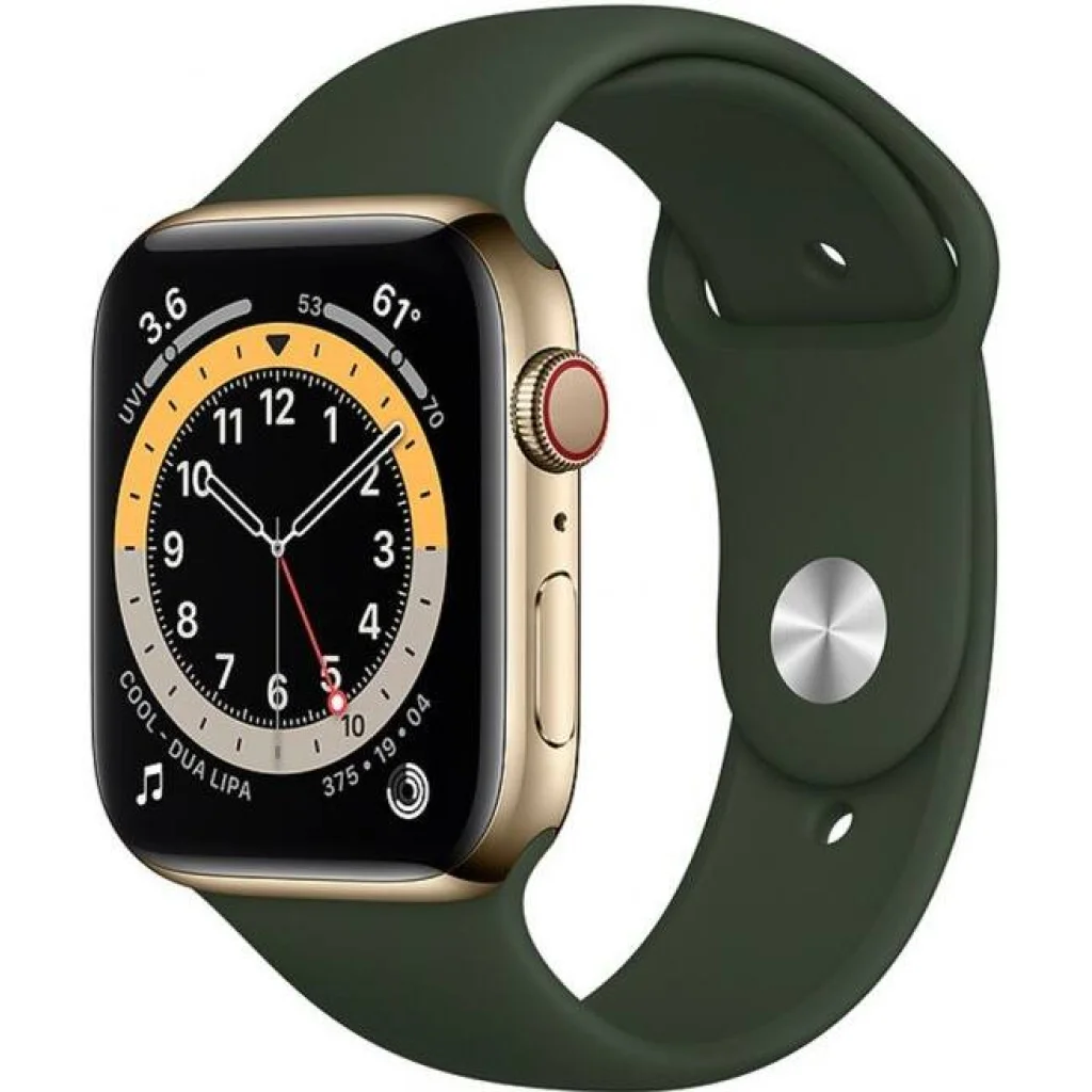 Apple Watch Series 6 GPS + Cellular 44mm Gold Stainless Steel Case with Cyprus Green Sport Band (M07N3, M09F3)