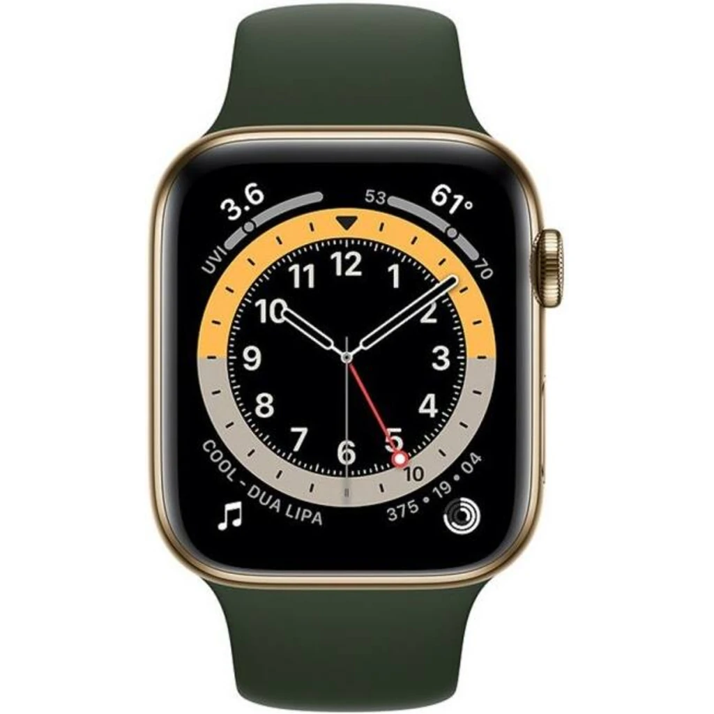 Apple Watch Series 6 GPS + Cellular 44mm Gold Stainless Steel Case with Cyprus Green Sport Band (M07N3, M09F3)