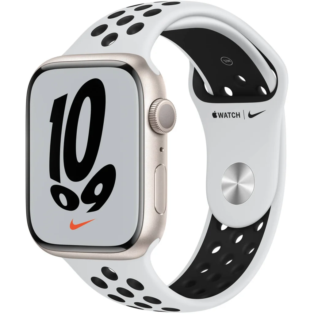 Смарт-годинник Apple Watch Nike Series 7 GPS 41mm Starlight Aluminum Case With Pure Platinum/Black Nike Sport Band (MKN33UL/A) UA