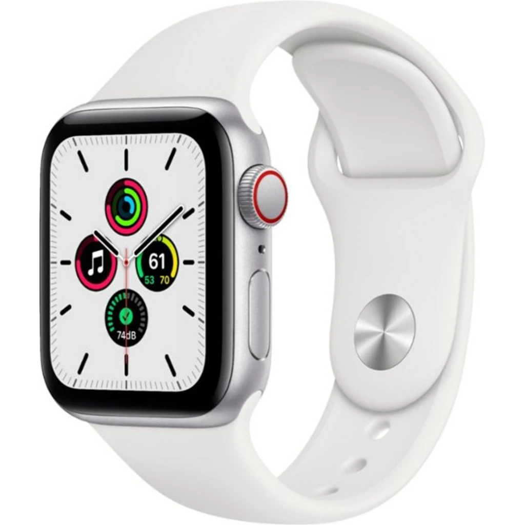 Apple Watch SE GPS + Cellular 44mm Silver Aluminum Case with White Sport Band (MYEM2, MYEV2)