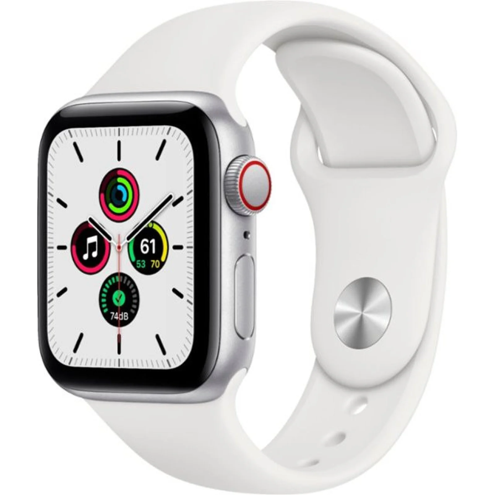 Apple Watch SE GPS + Cellular 44mm Silver Aluminum Case with White Sport Band (MYEM2, MYEV2)