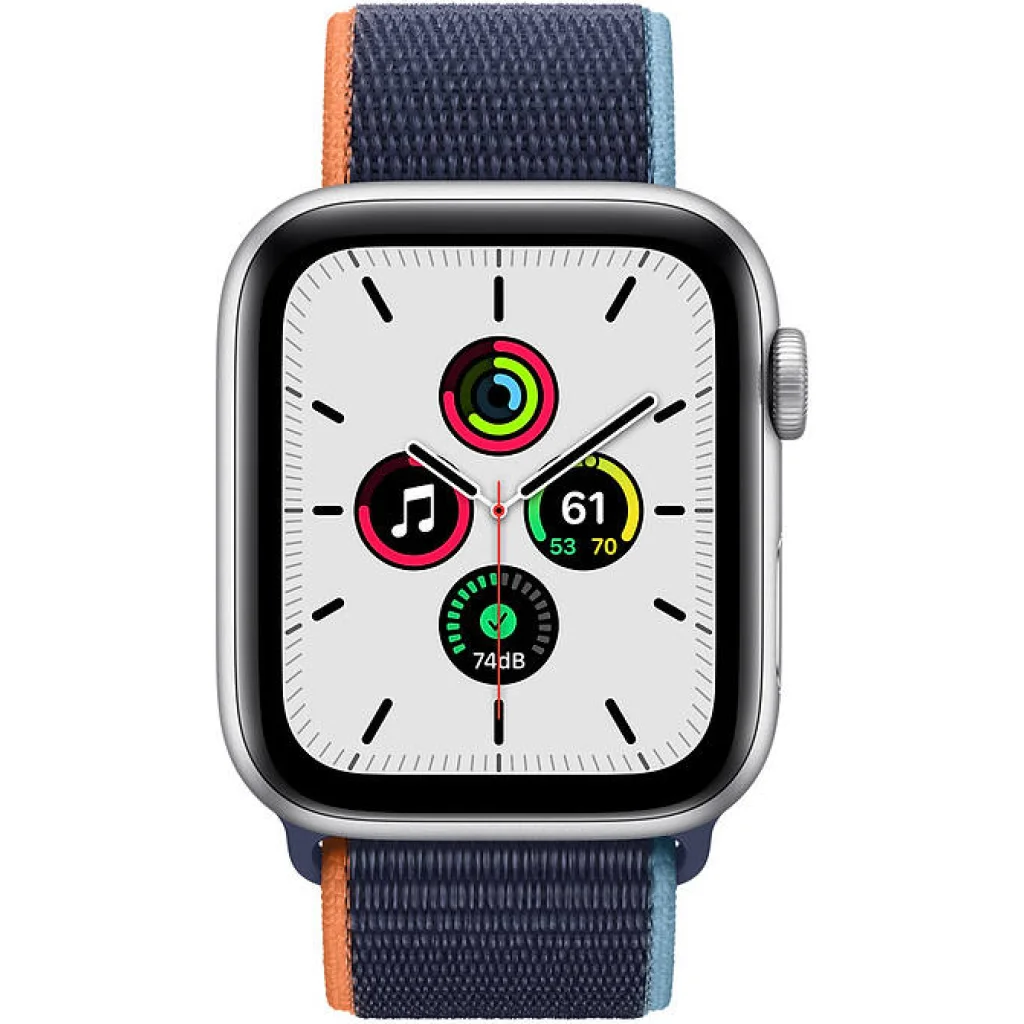 Apple Watch SE GPS + Cellular 44mm Silver Aluminum Case with Deep Navy Sport Loop (MYEN2, MYEW2)