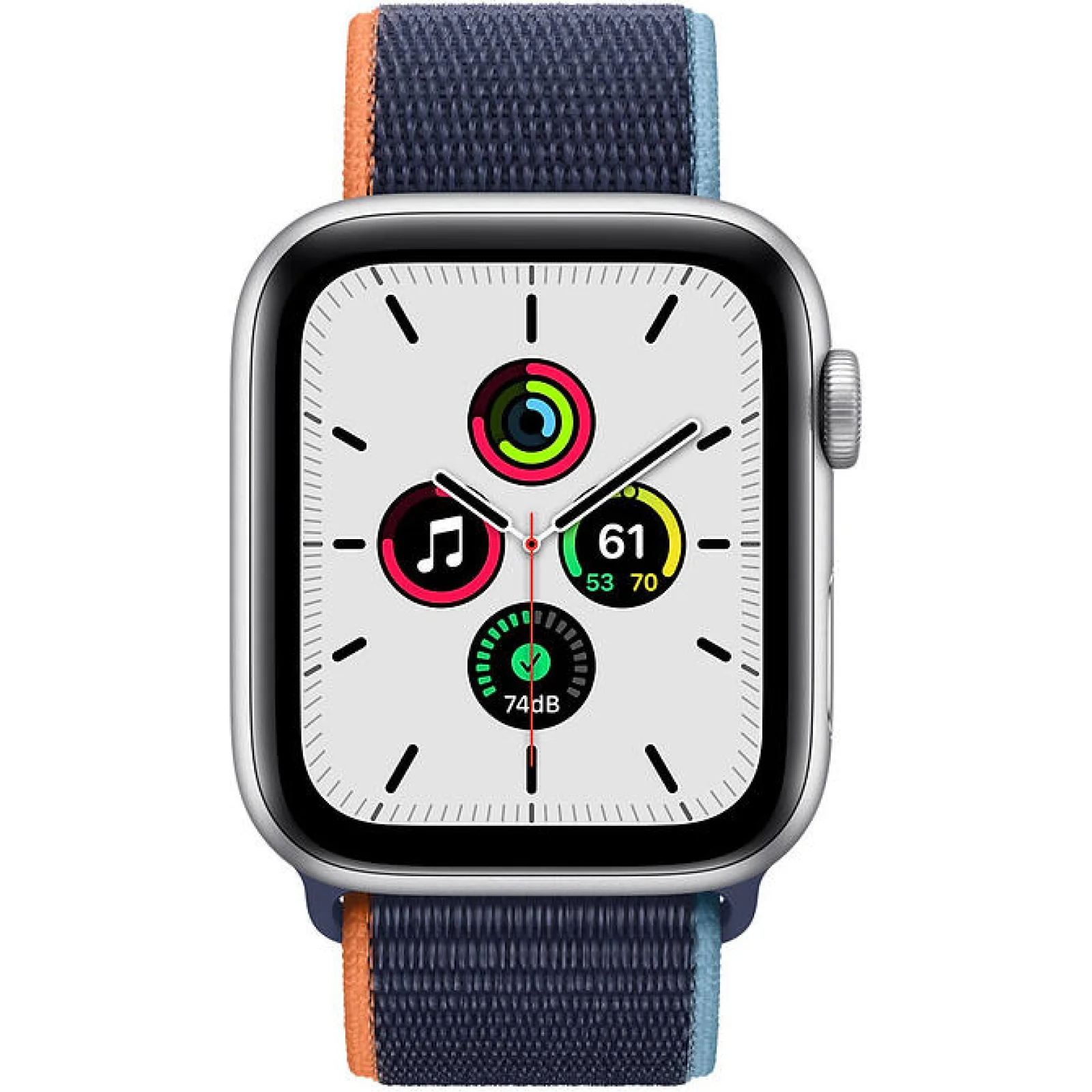Apple Watch SE GPS + Cellular 44mm Silver Aluminum Case with Deep Navy Sport Loop (MYEN2, MYEW2)