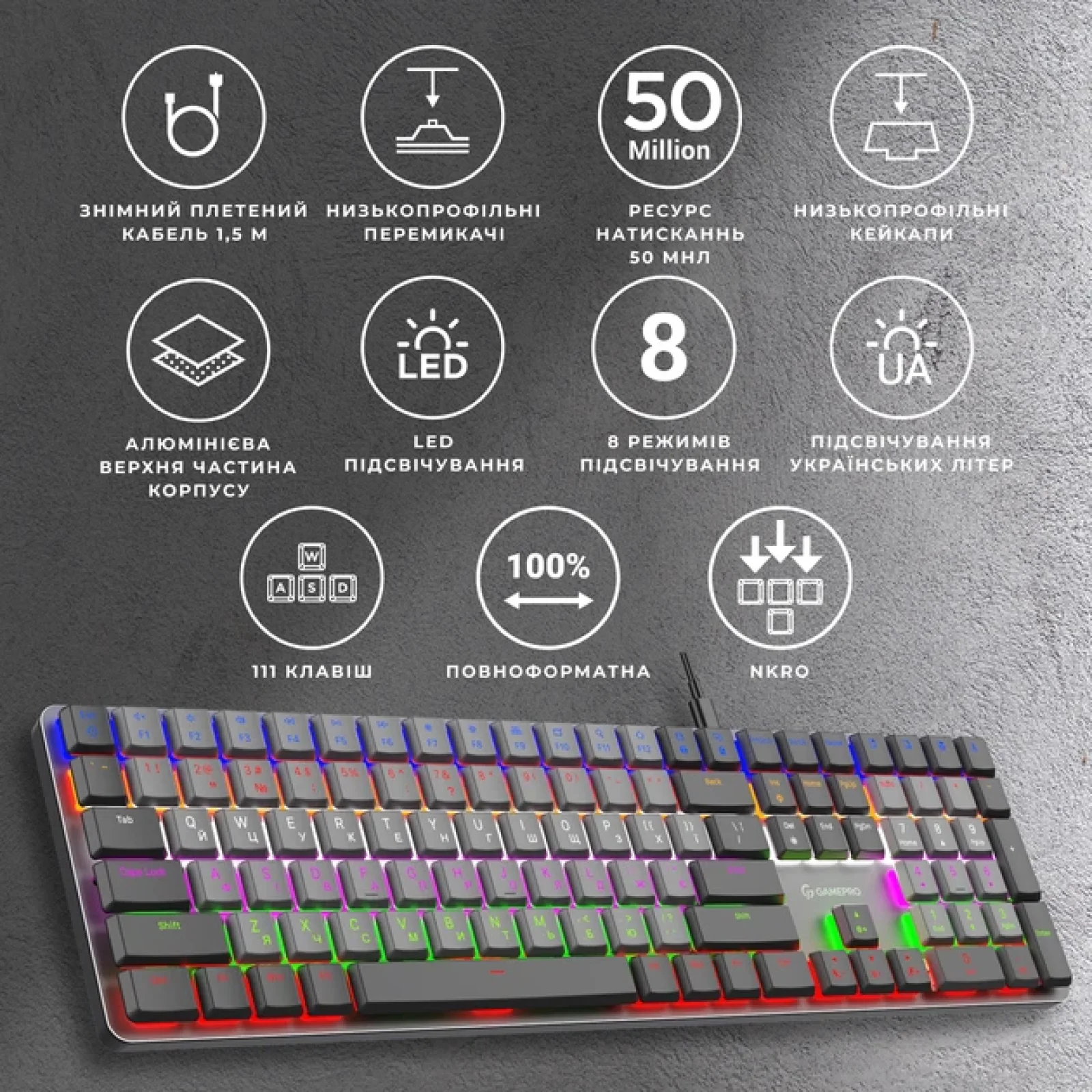 Клавіатура GamePro MK145R Red Swich Low Profile Dark Gray UA