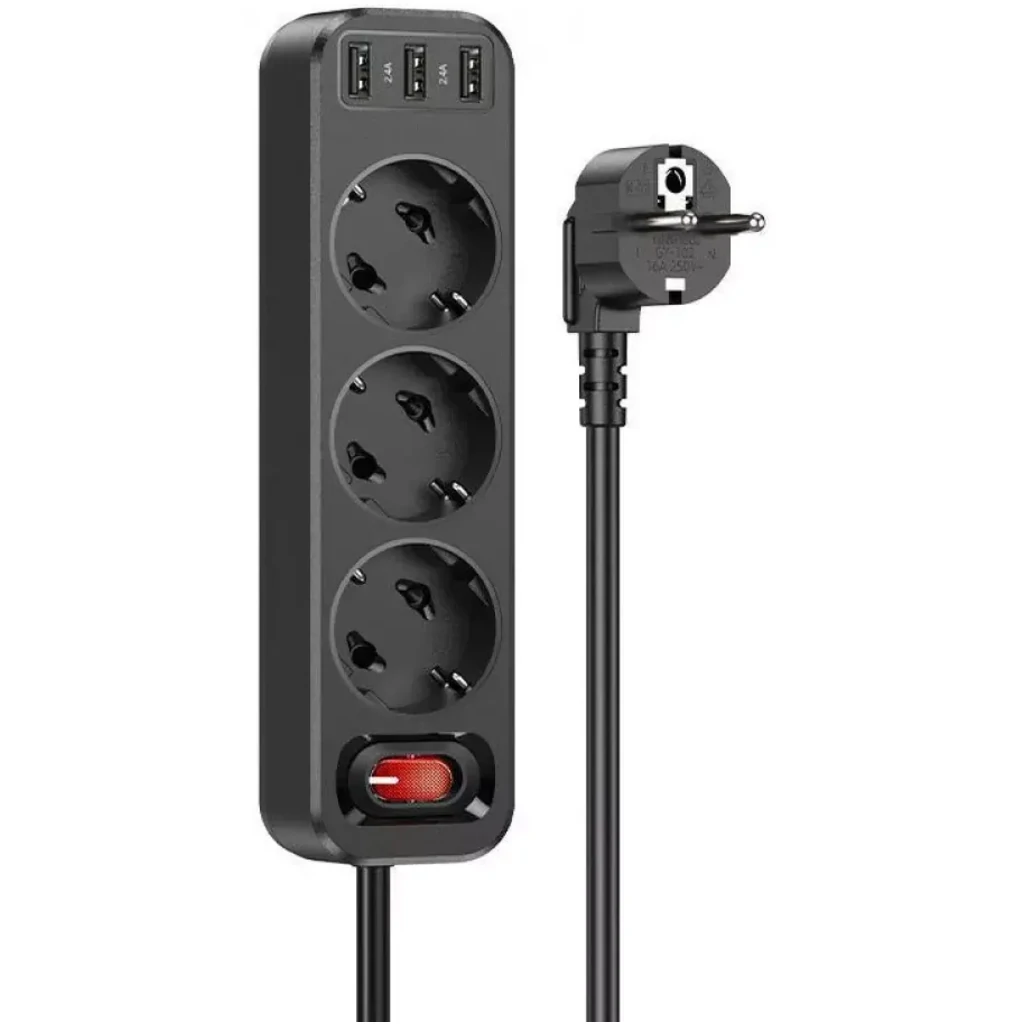 Сетевой фильтр Hoco NS2 3 розетки + 3 USB 1.8m Black