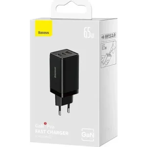 СЗУ Baseus GaN5 Pro 65W (2 Type-С+USB ) + Кабель Type-C to Type-C 100W (1m) Black (CCGP120201)