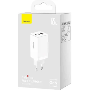 СЗУ Baseus GaN5 Pro 65W (2 Type-С+USB ) + Кабель Type-C to Type-C 100W (1m) White (CCGP120202)