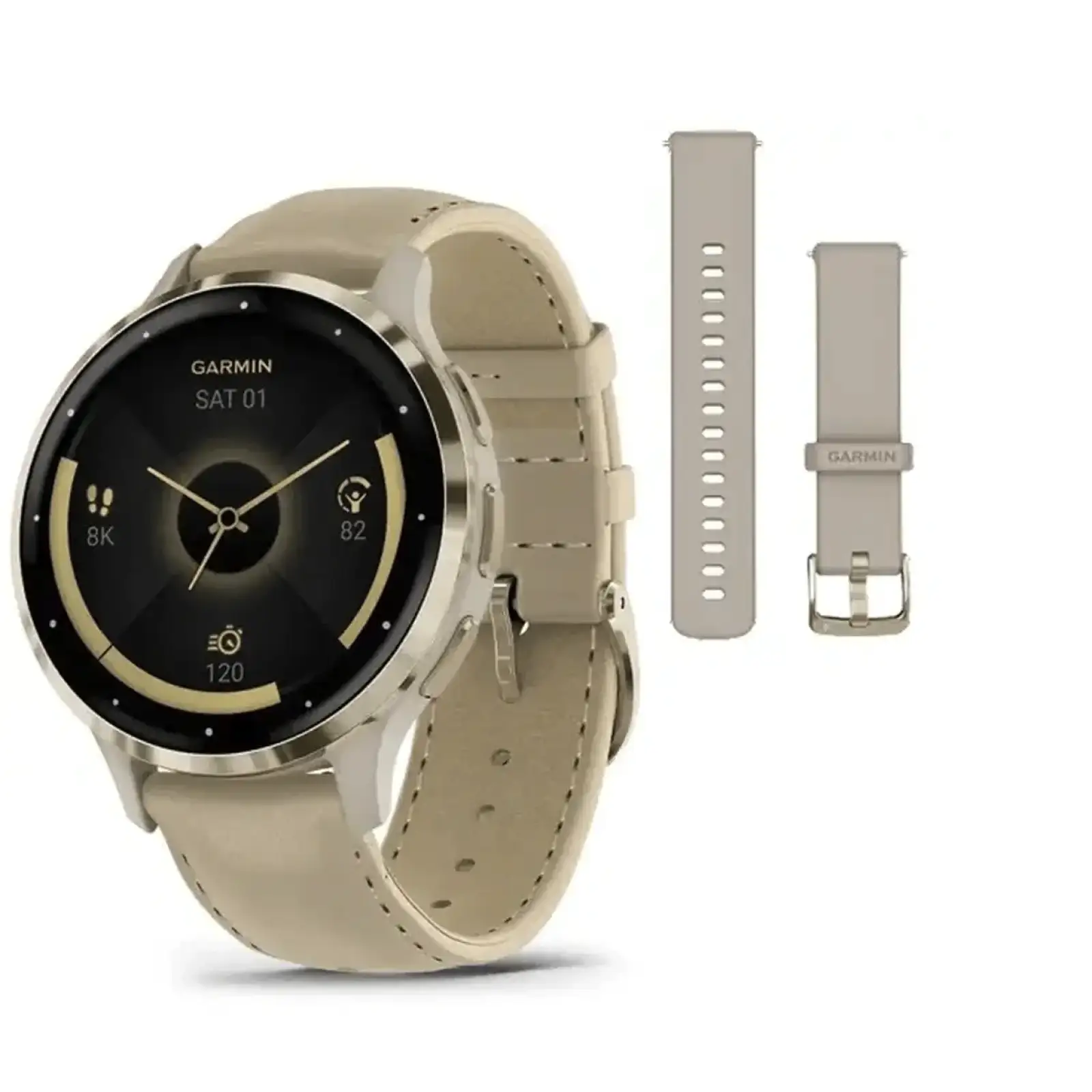 Смарт-годинник Garmin Venu 3S Soft Gold Stainless Steel Bezel with French Gray Case and Leather Band (010-02785-55)