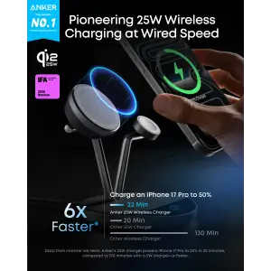 Беспроводное зарядное устройство для Anker Prime Wireless 3-in-1 25W AirCool Dock Stand Black (B25X7G11) UA