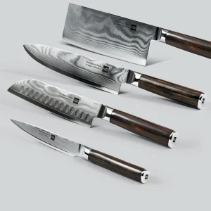 Набір ножів Xiaomi HuoHou Damascus Kitchen Knife Set 4шт.+ підставка (HU0073)