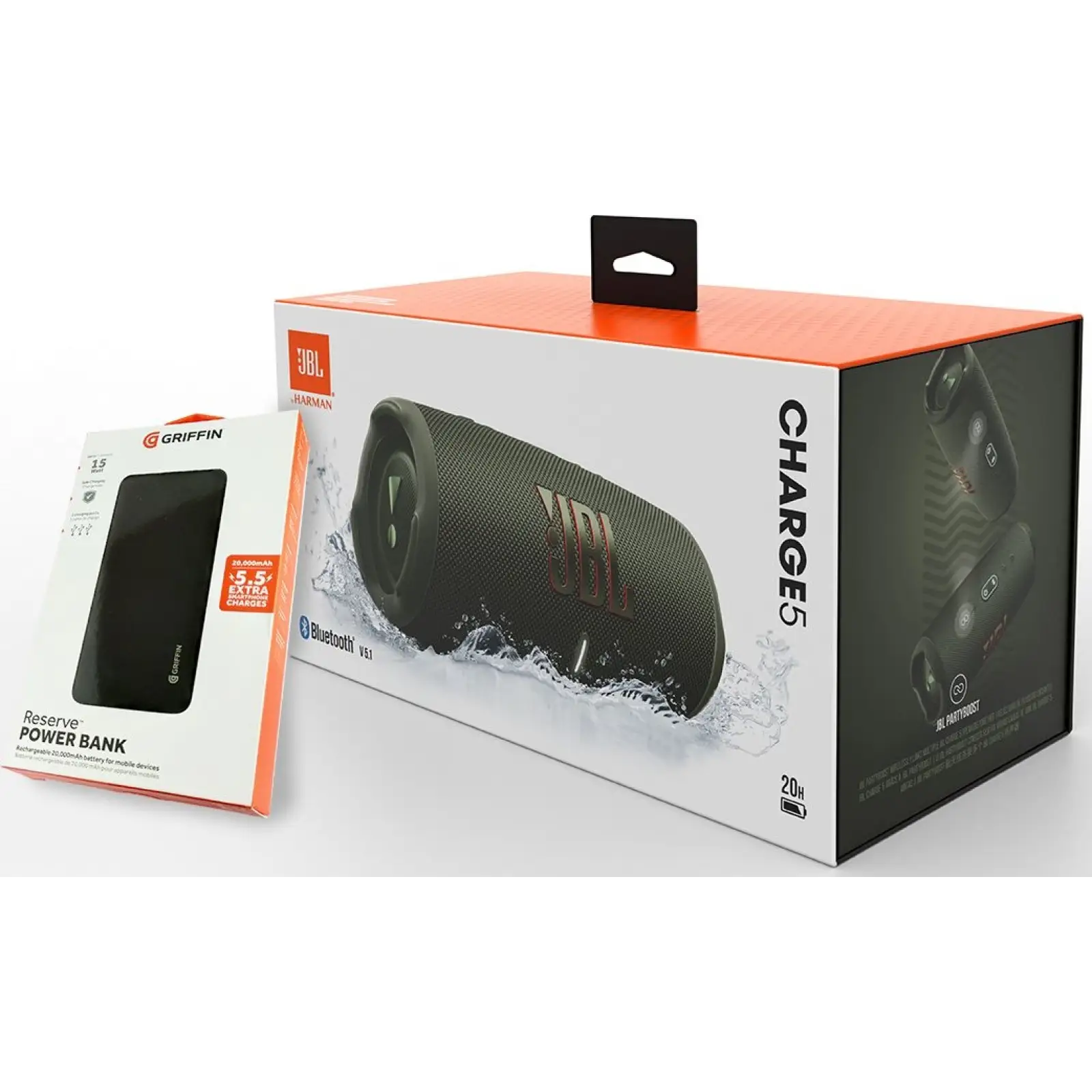 Портативна колонка JBL Charge 5 Green + Griffin Powerbank 20000mAh (JBLCHARGE5GRNPB) UA