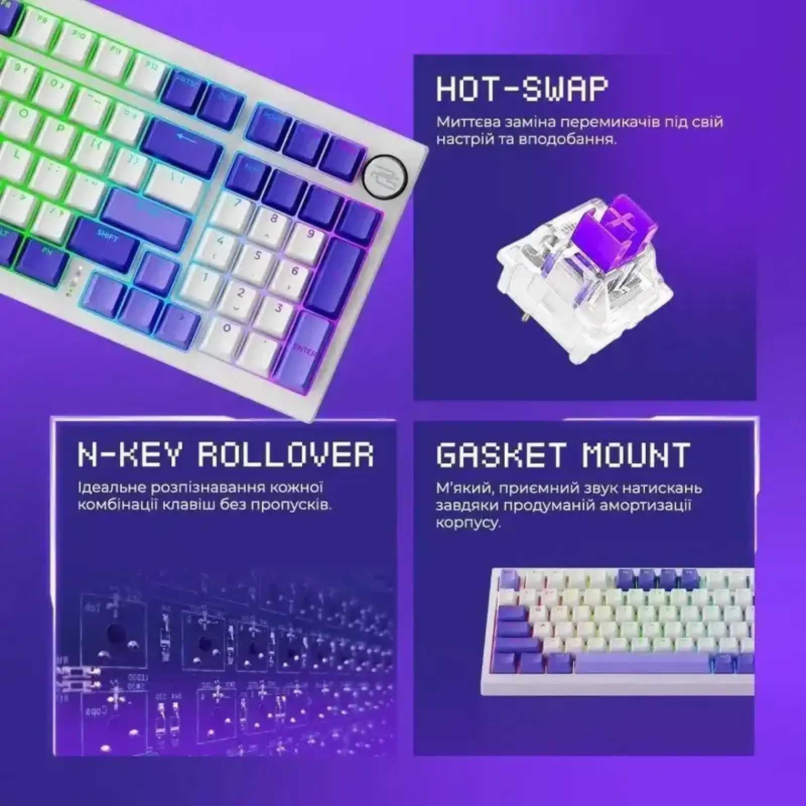Беспроводная клавиатура Proove Gaming Slicker Pro (Ukraine Layout) white/purple