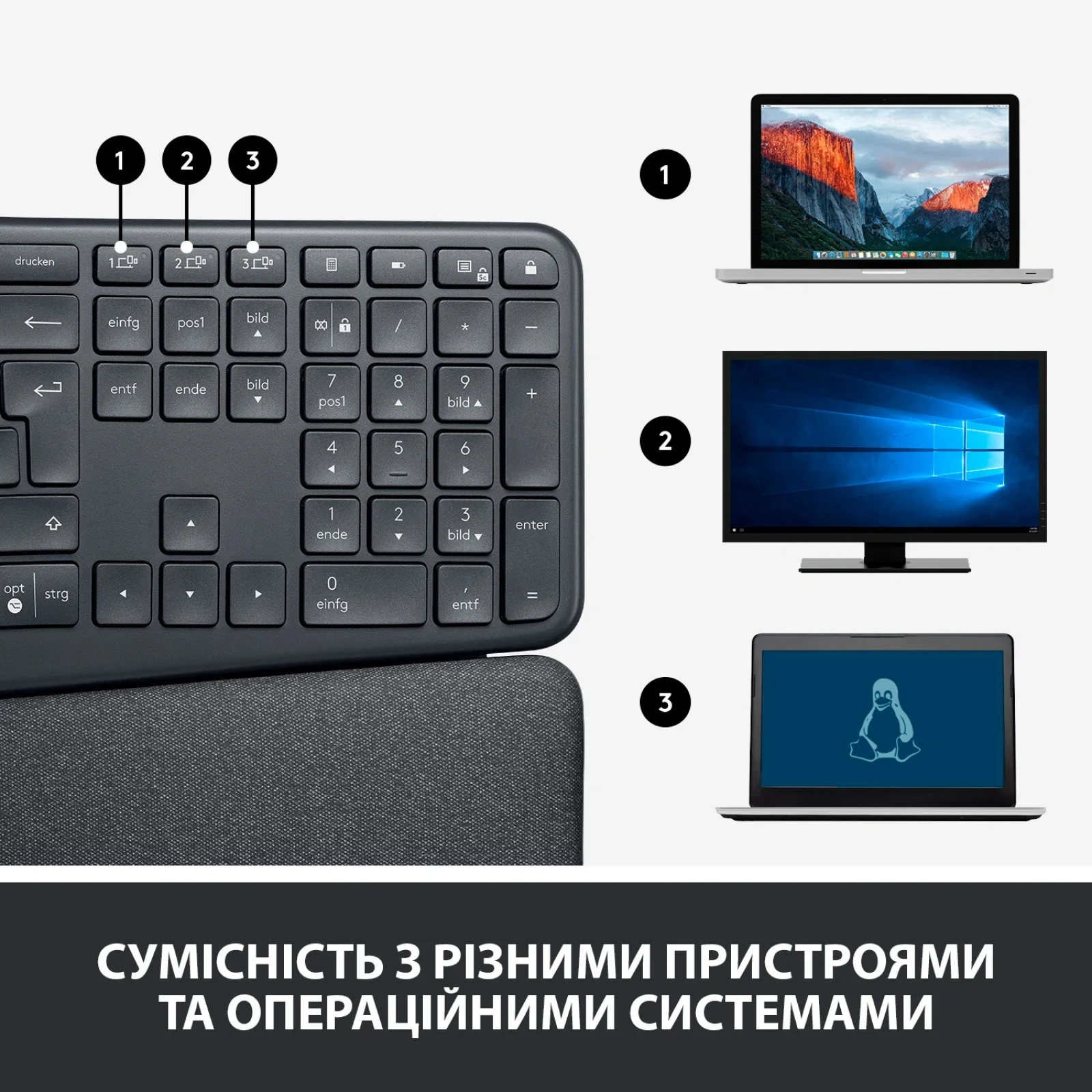 Клавиатура беспроводная Logitech Ergo K860 Bluetooth/Wireless UA Black (920-010108) UA