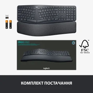 Клавиатура беспроводная Logitech Ergo K860 Bluetooth/Wireless UA Black (920-010108) UA