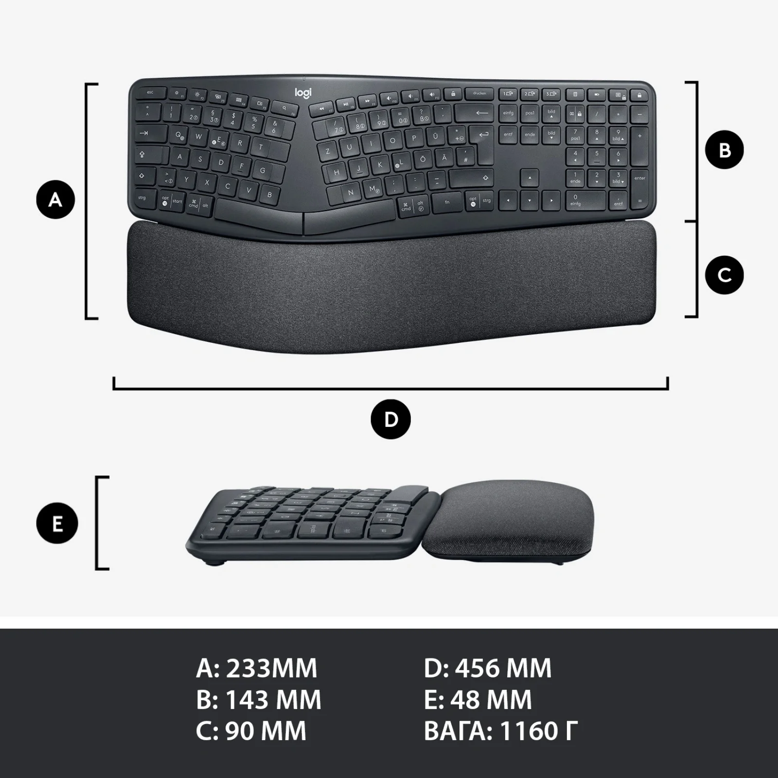 Клавиатура беспроводная Logitech Ergo K860 Bluetooth/Wireless UA Black (920-010108) UA