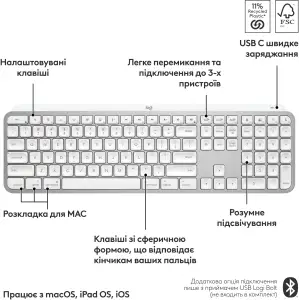 Клавиатура беспроводная Logitech MX Keys S for Mac Pale Grey (920-011638) UA