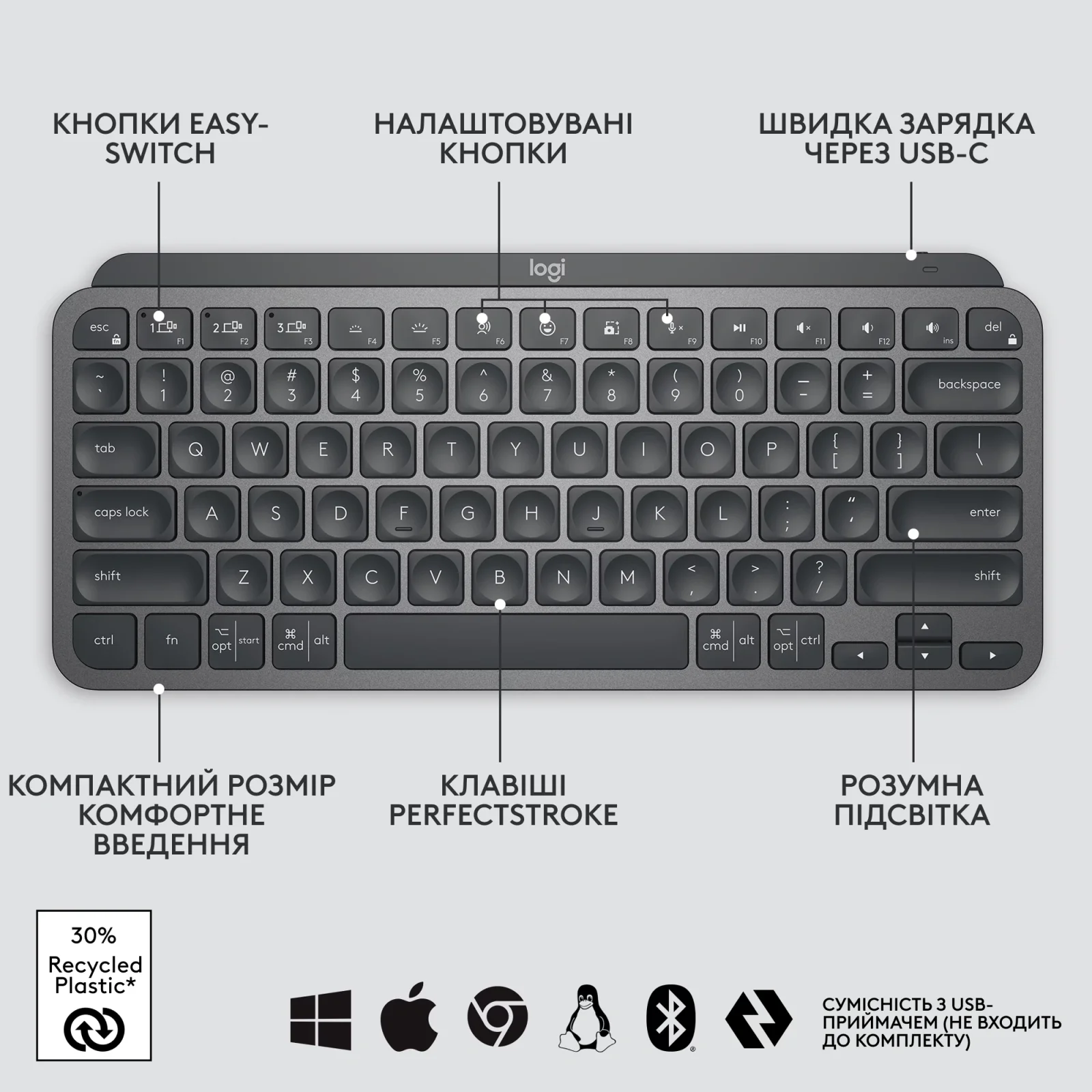 Клавиатура Logitech MX Keys Mini Illuminated Graphite (920-010498) UA