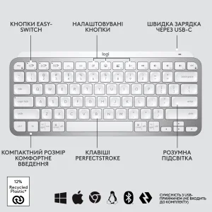 Клавиатура Logitech MX Keys Mini For Mac Wireless Illuminated Pale Grey (920-010526) UA