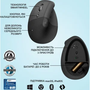 Мышь LOGITECH Lift Vertical Ergonomic Wireless/BT Graphite (910-006474)