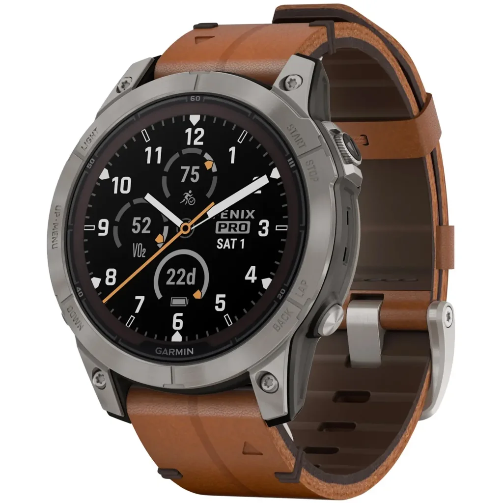 Смарт-годинник GARMIN Fenix 7 Pro Sapphire Solar Titanium with Chestnut Leather Band (010-02777-30)