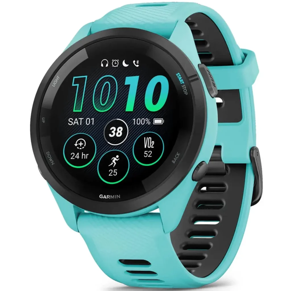 Смарт-годинник GARMIN Forerunner 265 Black Bezel with Aqua Case and Aqua/Black Silicone Band (010-02810-02/12/52) UA