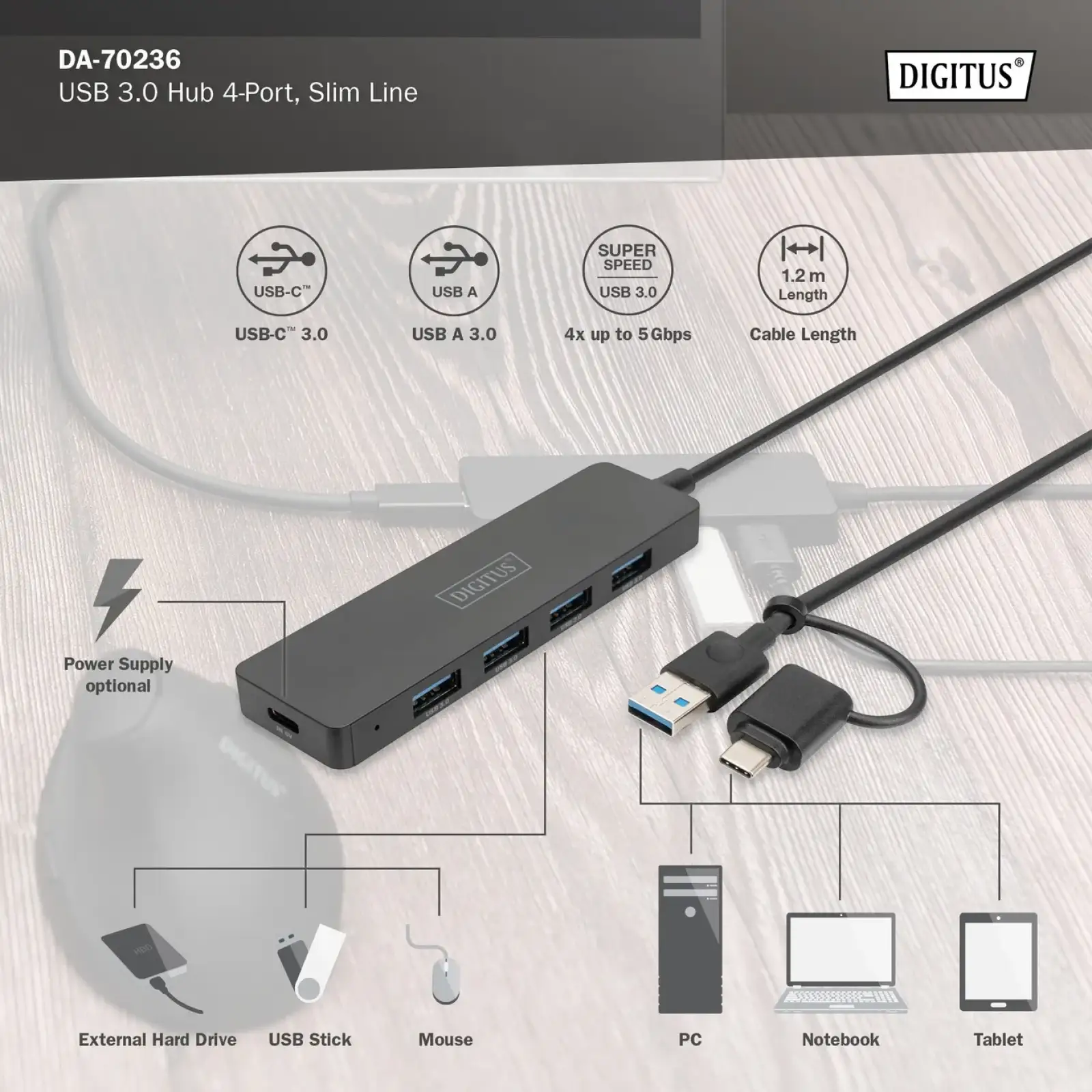USB-Хаб Digitus USB-A/C 4-port Hub Slim Line (DA-70236) UA