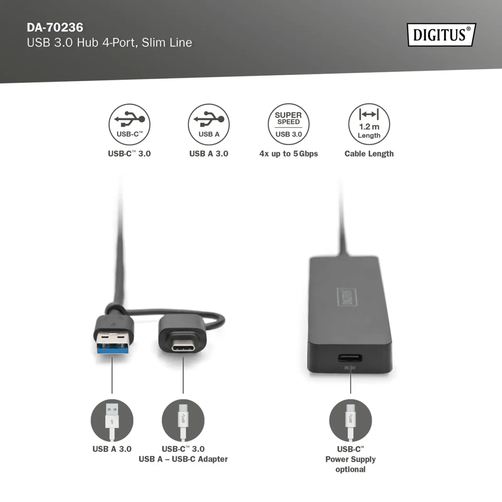 USB-Хаб Digitus USB-A/C 4-port Hub Slim Line (DA-70236) UA