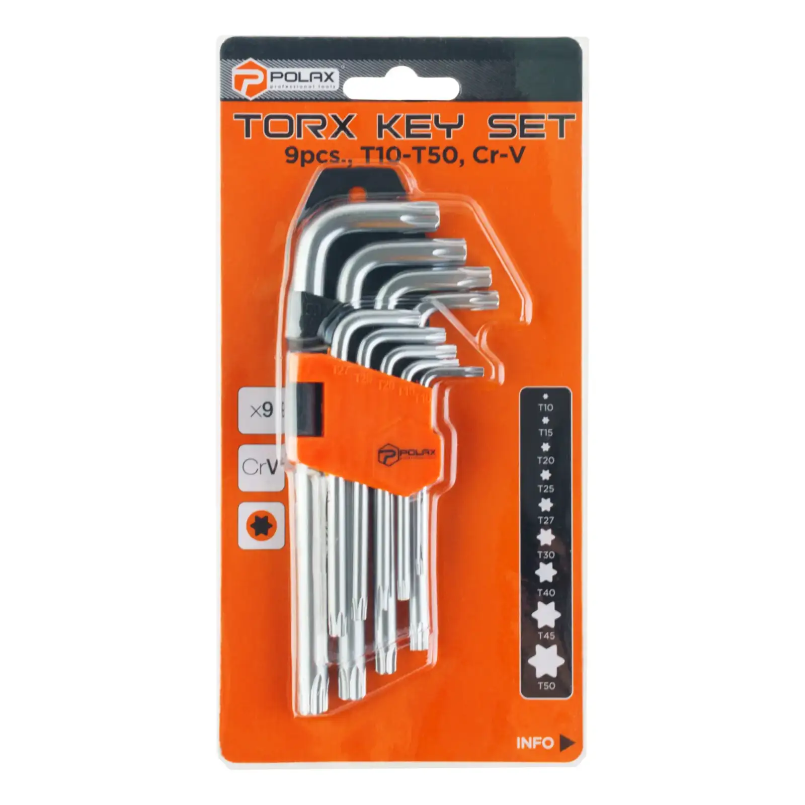 Набор шестигранных TORX ключей Polax Г-образных, 9 предметов, Т10-Т50, Cr-V (25-007) UA