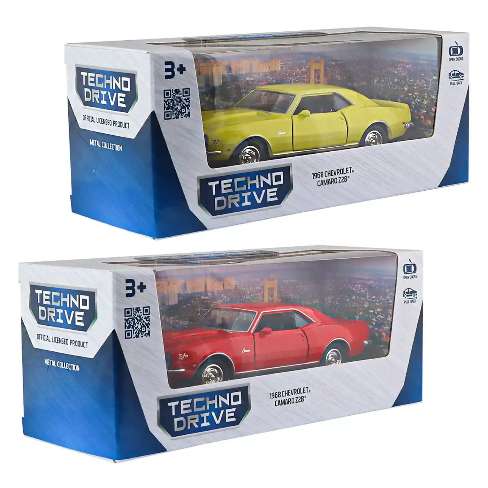 Автомодель - CHEVROLET CAMARO Z28 1968 (червоний, жовтий) TechnoDrive (250384W)