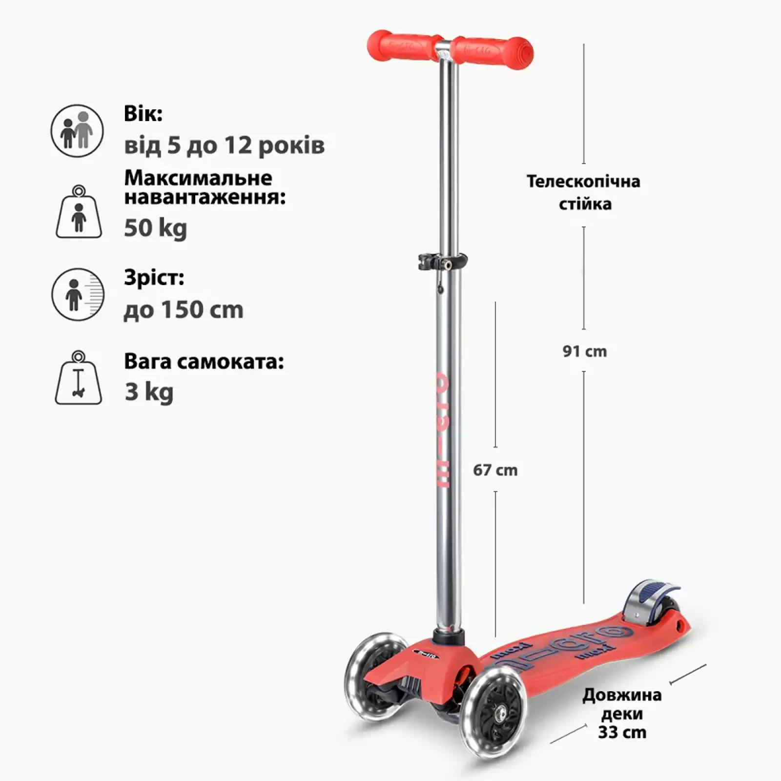 Самокат MICRO Maxi Deluxe Glow LED червоний (MMD368) UA