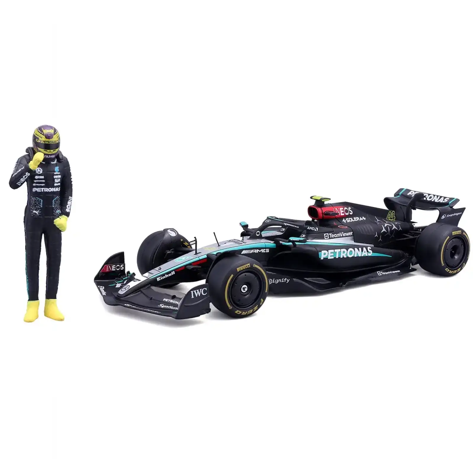 Автомодель с фигуркой – MERCEDES-AMG PETRONAS F1 W15 (2024) (1:24) Bburago (18-28069 (#44))