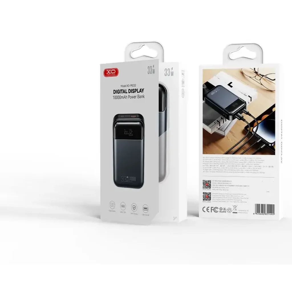 Зовнішній акумулятор XO PR232 10000 mAh PD30W + PPS33W (Чорний) UA