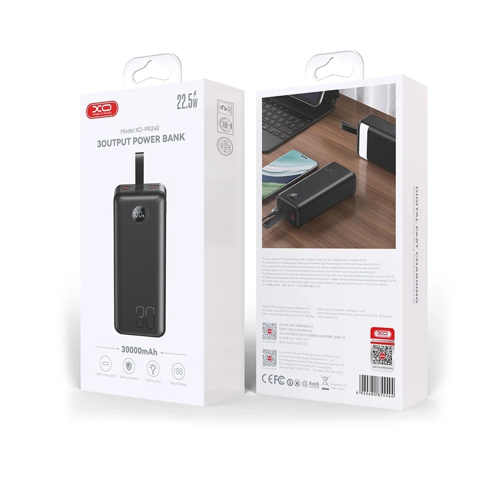 Зовнішній акумулятор XO PR240 30000 mAh PD20W + QC22.5W with light (Black) UA