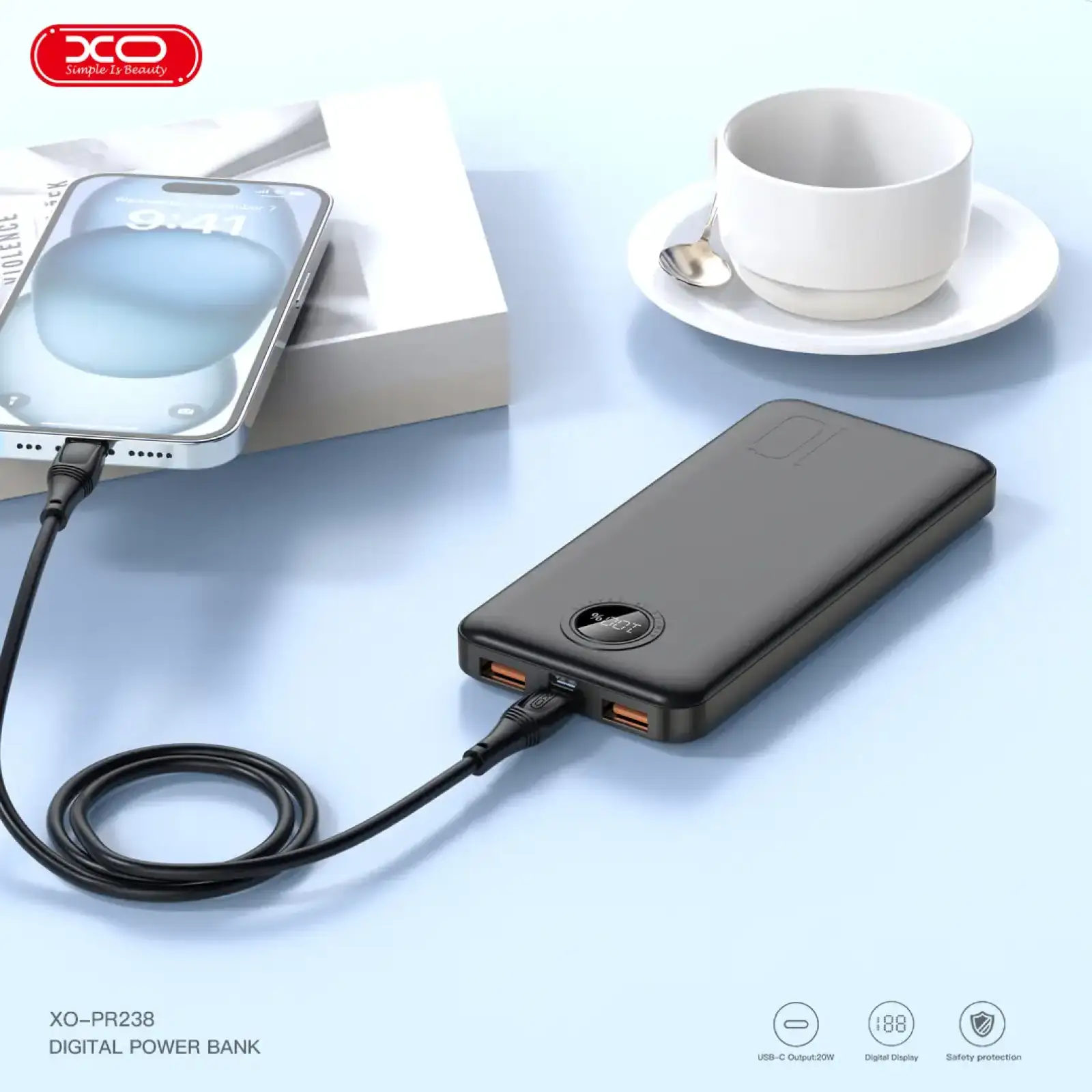 Внешний аккумулятор XO PR238 10000 mAh PD20W + QC22.5W (Черный) UA