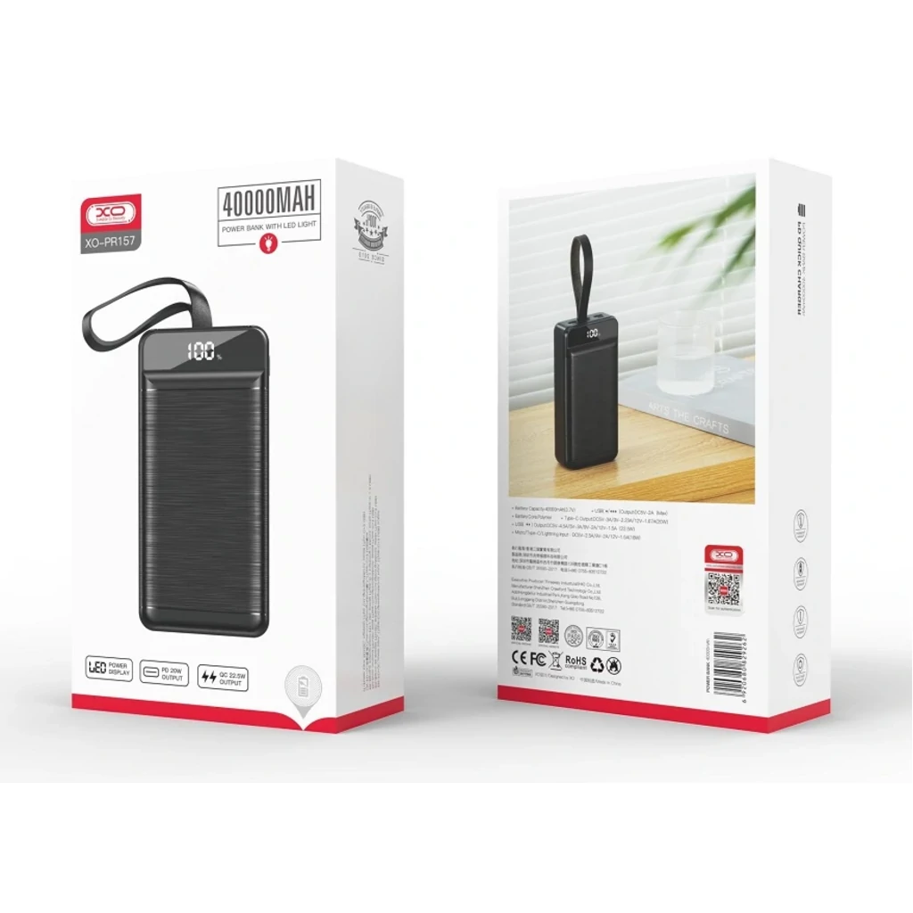 Внешний аккумулятор XO PR157 40000 mAh 3-Input PD20W + QC22.5W with light (Black) UA
