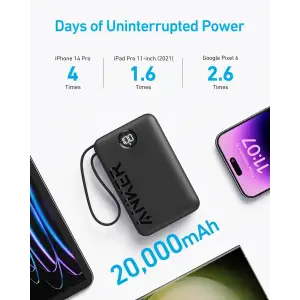 Внешний аккумулятор Anker 335 20000 mAh 22.5W Built-In USB-C Cable PD Black (A1647G11) UA