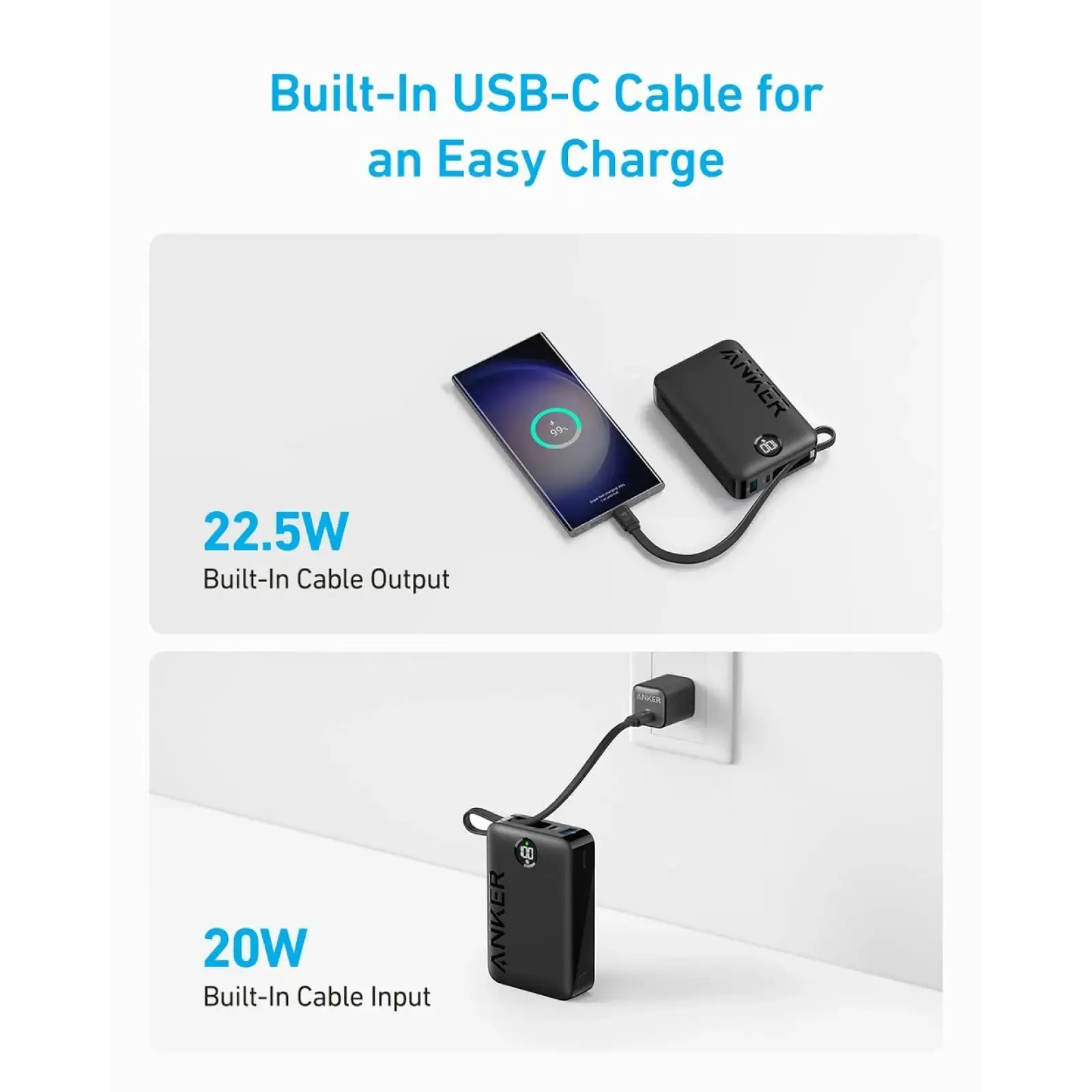 Внешний аккумулятор Anker 335 20000 mAh 22.5W Built-In USB-C Cable PD Black (A1647G11) UA