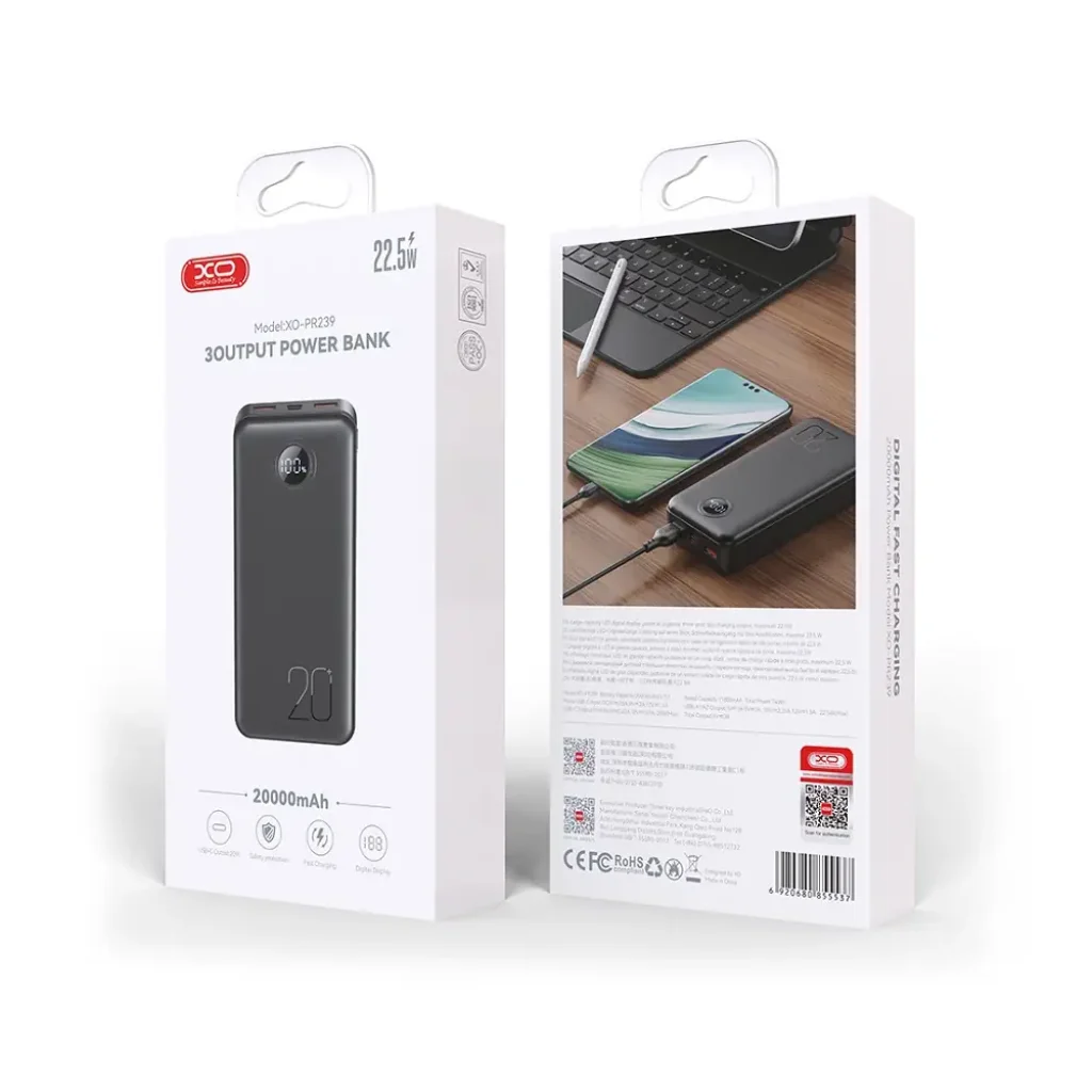 Зовнішній акумулятор XO PR239 20000 mAh PD20W + QC22.5W (Чорний) UA